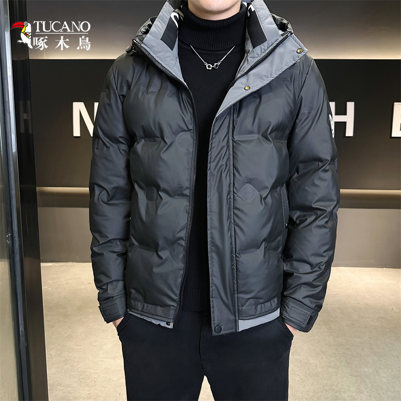 啄木鸟男士冬季轻奢撞色拼接高级立领压花加厚羽绒服外套7868