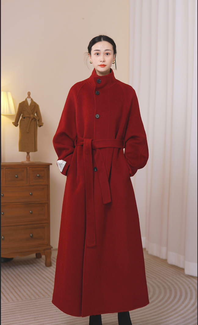 339766秋冬女士双面红色中长款气质时尚宽松黑色宽松廓形大衣外套