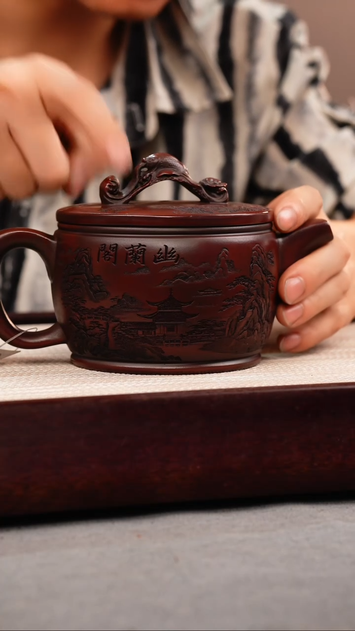 茶壶紫砂铁血红砂 如意大汉瓦 刻绘