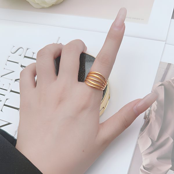 [抖音质检 现货]5D黄金戒指镂空五线几何线条个性宽版足金999卡14