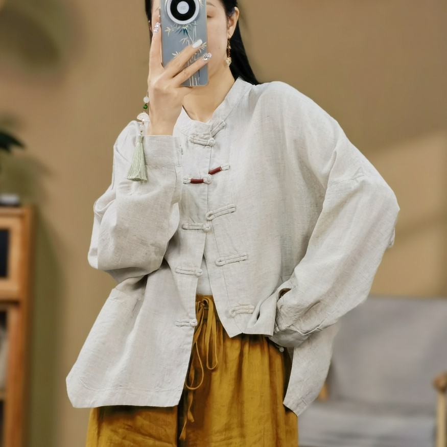 束心新中式女装春装新款复古盘扣亚麻九分袖上衣女不规则开衫外套