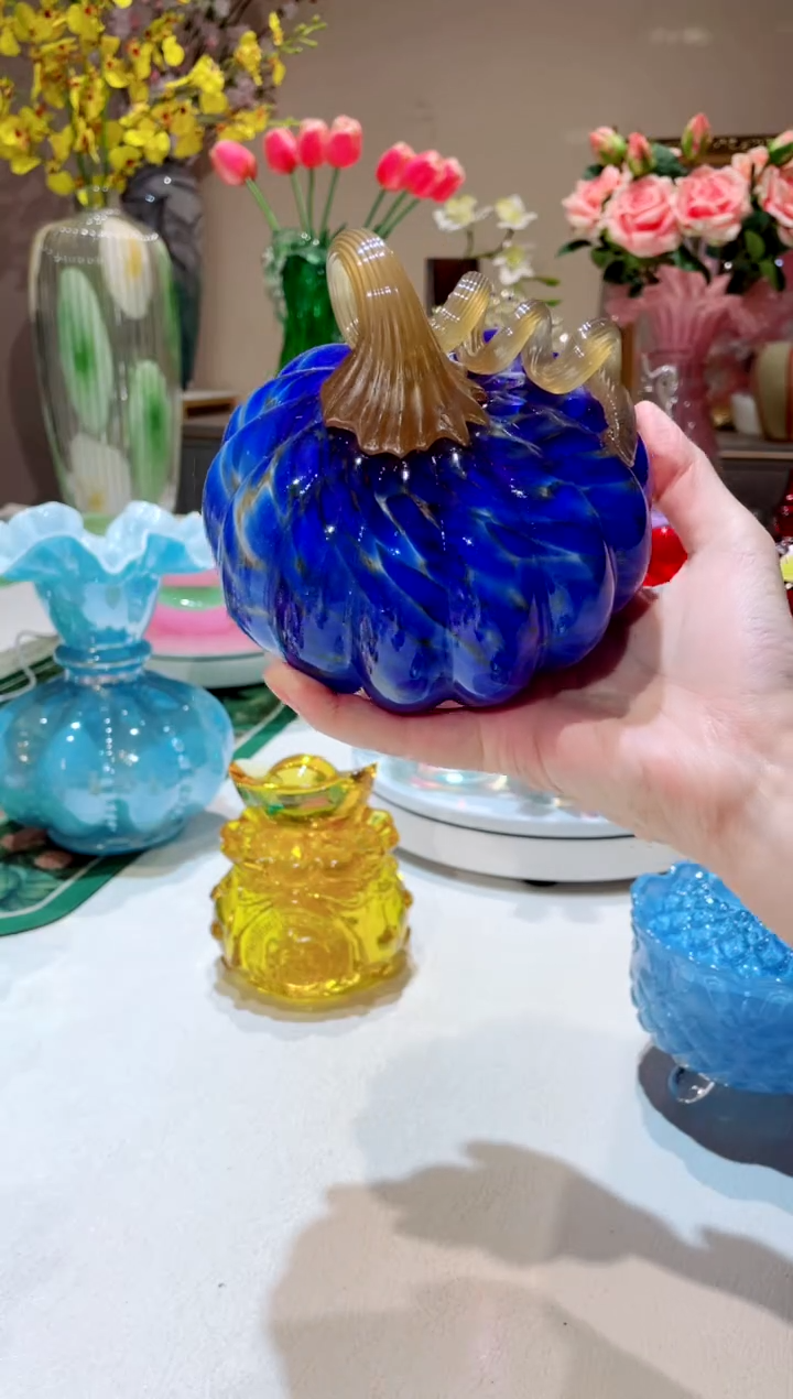 【闪购商品】琉璃手工艺品宝蓝色南瓜   微瑕