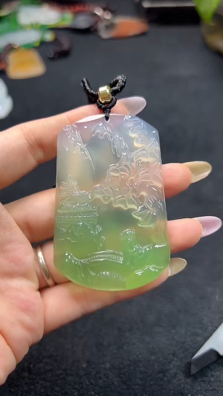 玛瑙/玉髓颈饰未镶嵌0139冰晴半山水牌带绳多样性发一