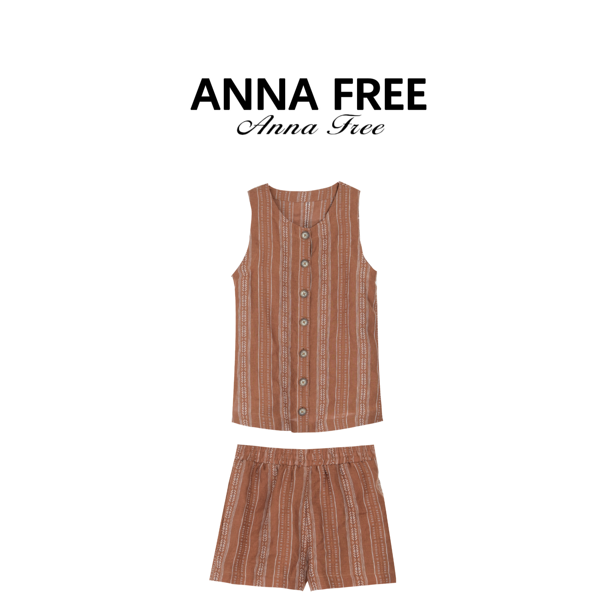 ANNA FREE 100亚麻时尚文艺风夏季条纹无袖马甲短裤套装ZCM25510