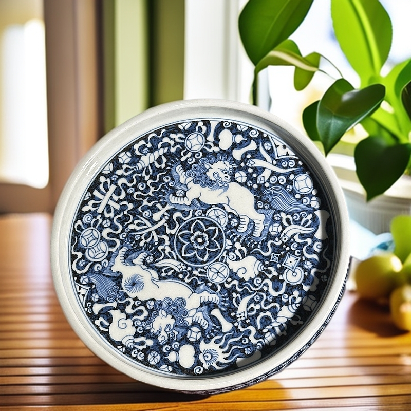 景德镇含真藏古青花蓝底白狮子舞绣球复古中式壶承茶盘