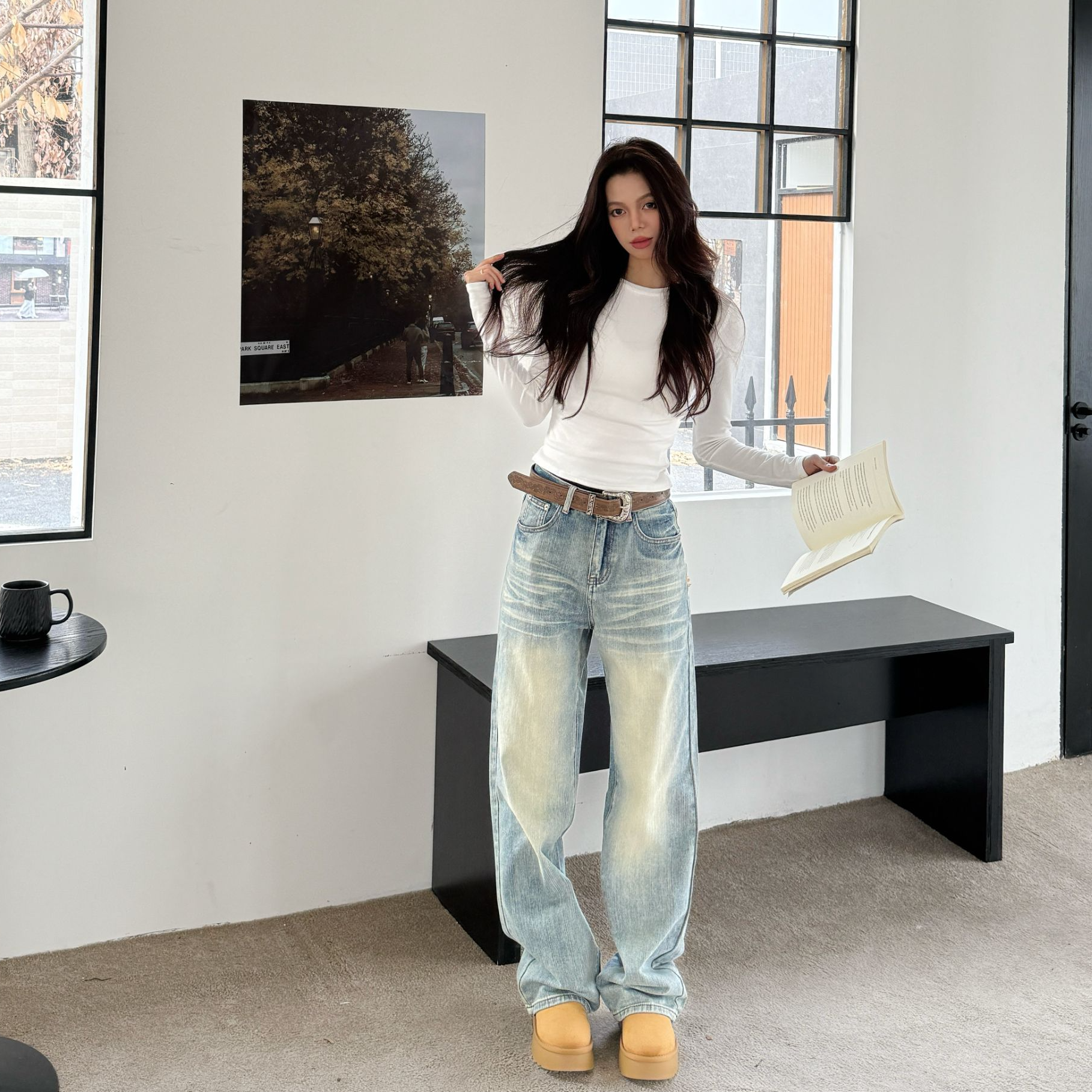 WANWAN牛仔裤夏季梨形身材拖地裤长裤小众炸街高级网红牛仔休闲裤