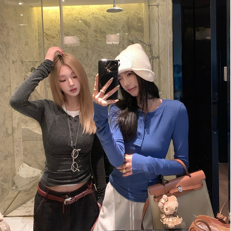 亨利领长袖ins针织T恤女2025秋季短款打底衫内搭显瘦修身外穿上衣