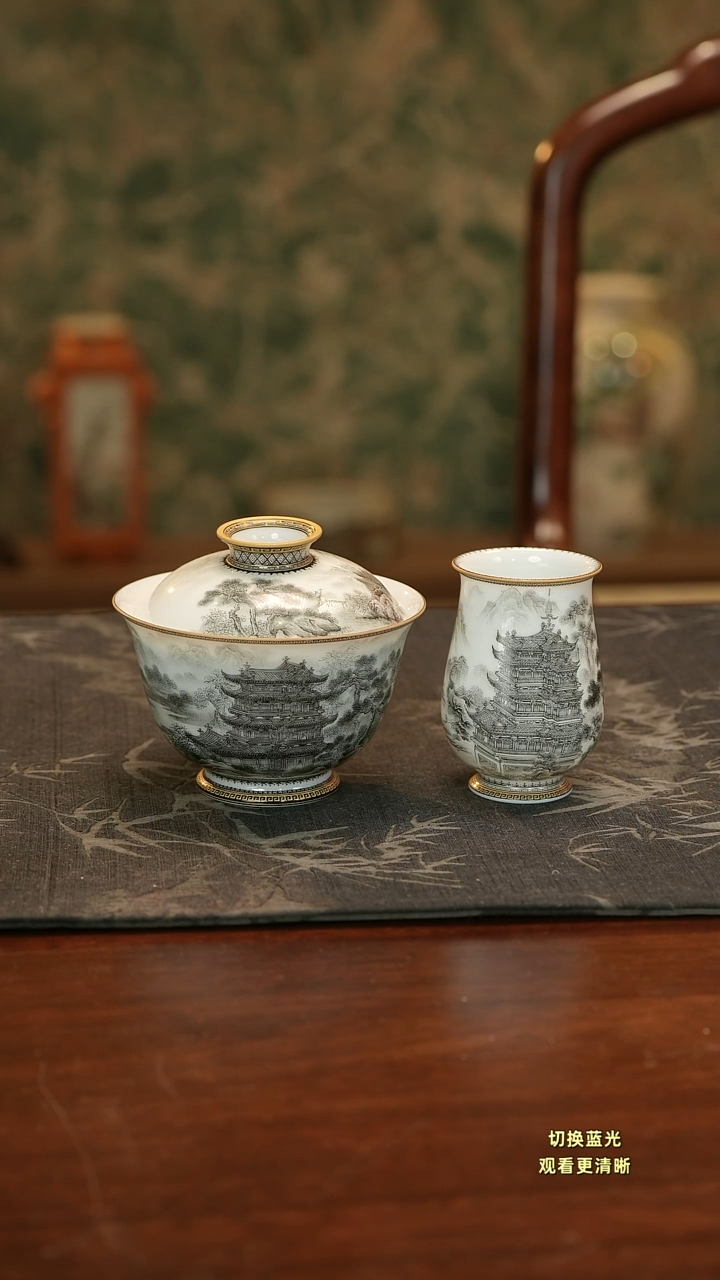 蜡***心手绘重工滕王阁二件套盖碗+杯