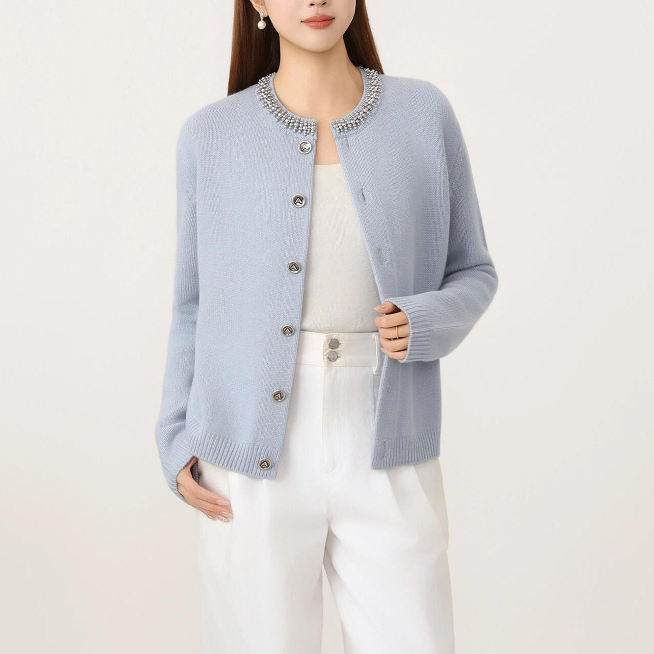 姐妹品质【商场同款】新款针织外套小香风钉珠轻奢毛衣开衫女548091