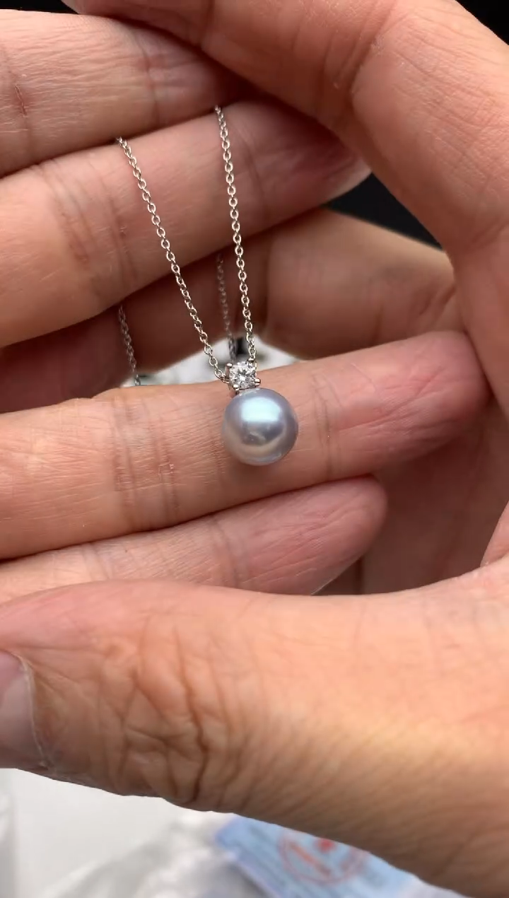 银S925镶嵌ff海水珍珠akoya灰珠吊坠（赠链）8~9mm