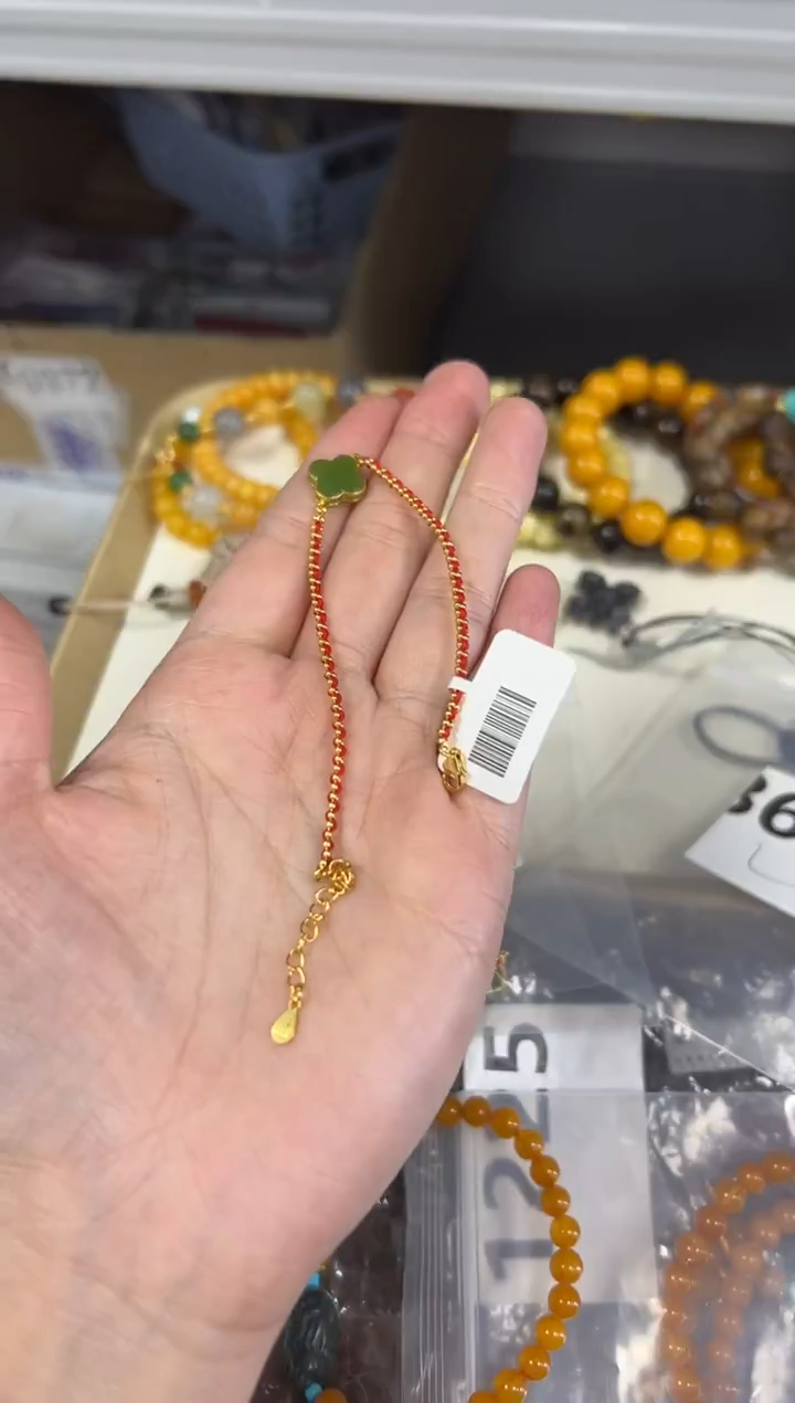 银S925镶嵌手链和田玉四花花朵和田玉碧玉银红绳手绳[60]