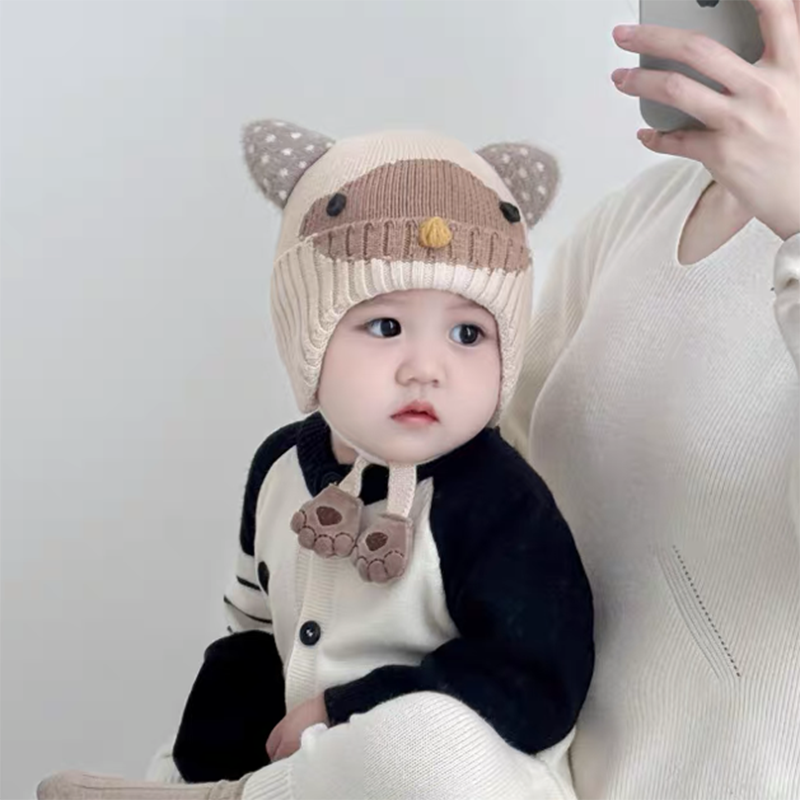 婴儿帽子秋冬季男宝保暖加厚护耳帽女小月龄超萌卡通毛线包耳帽潮