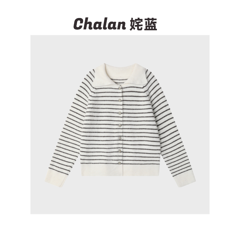 Chalan姹蓝 慵懒风翻领条纹针织开衫秋冬百搭毛衣
