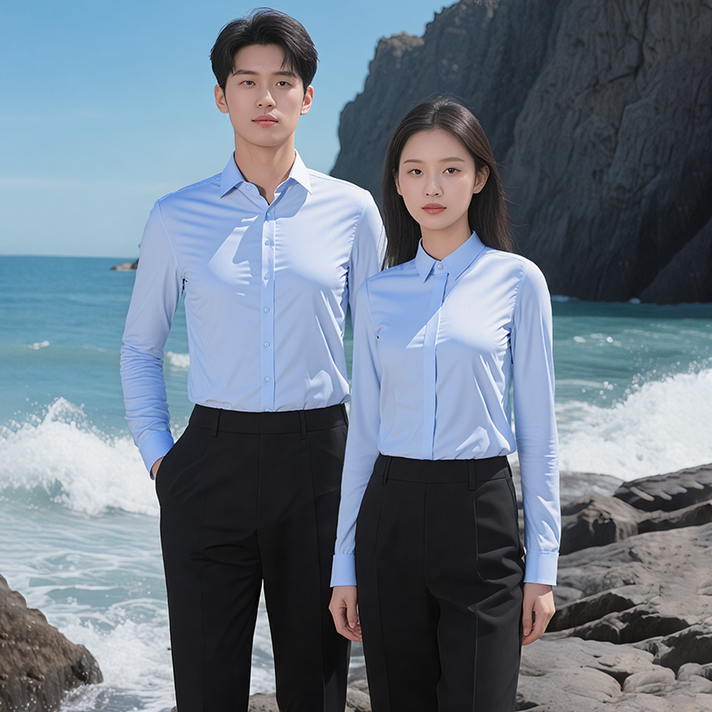 蓝色长袖衬衫女正装面试通勤修身上衣OL气质职业装男女衬衣工作服