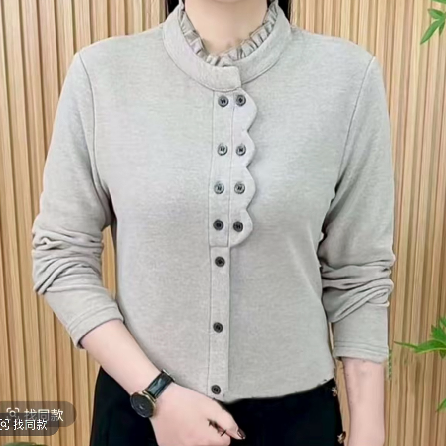 时尚双面德绒花边立领纯色打底衫秋冬款洋气显瘦百搭上衣