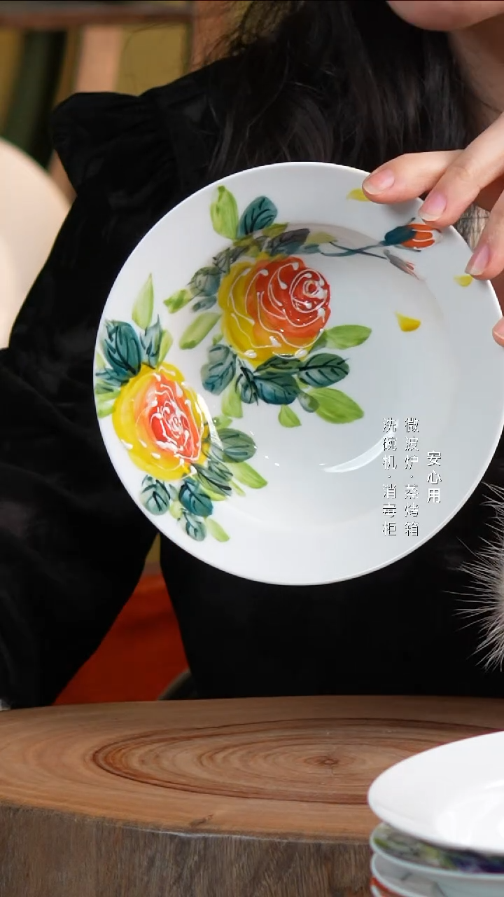 瓷景德镇高温手绘釉下彩5.5英寸折耳碗黄玫瑰