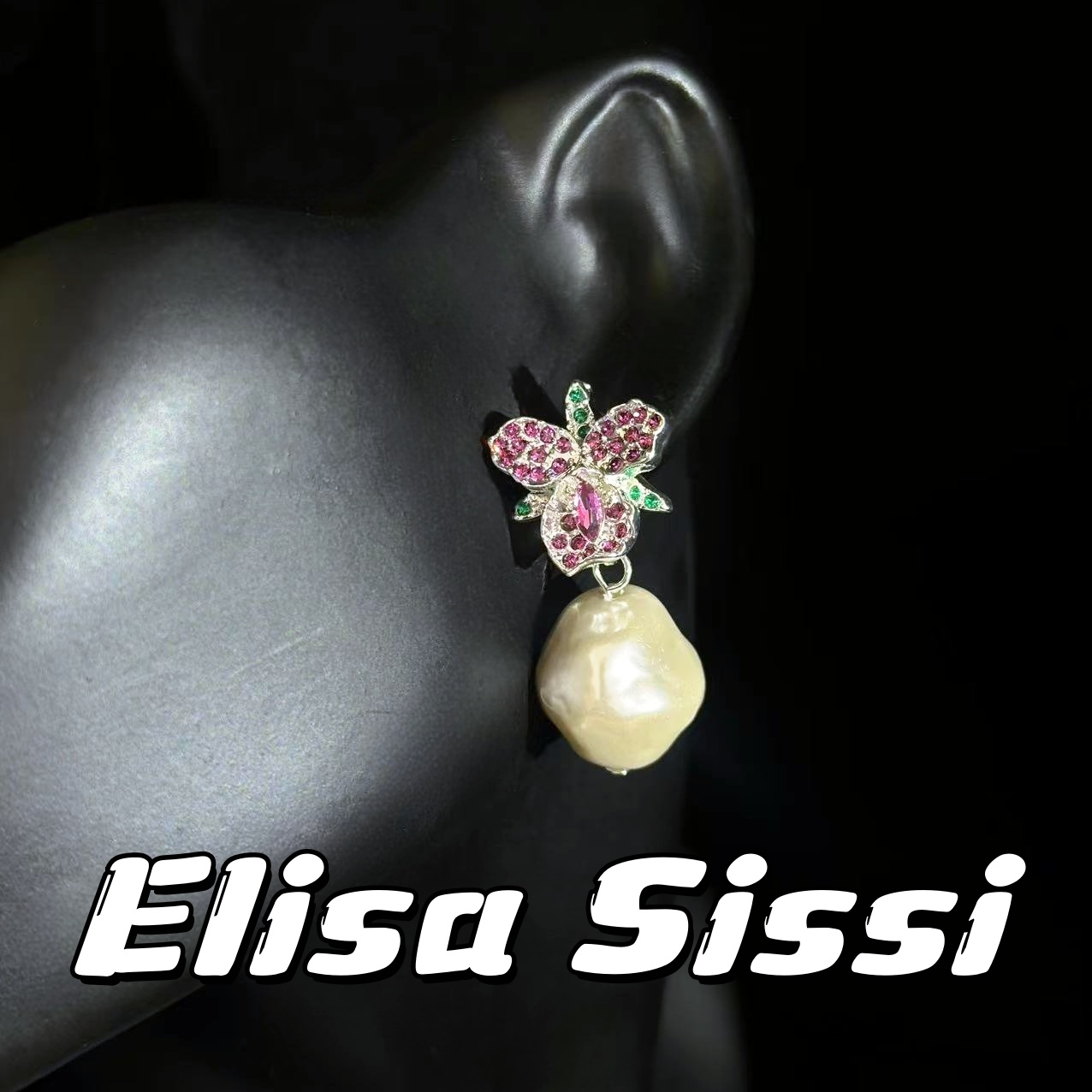 锌合金仿珍珠耳饰 灵动蝶影镶嵌搭配天然异性珍珠巴洛克紫色耳针