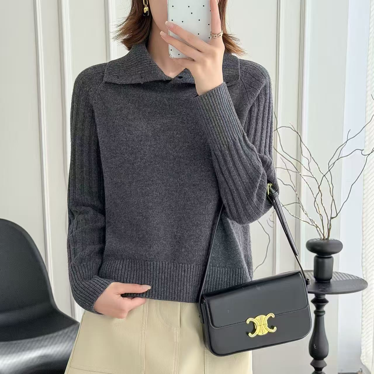 G-9155 休闲减龄风100%羊毛 开领多种穿搭 针织开领毛衣