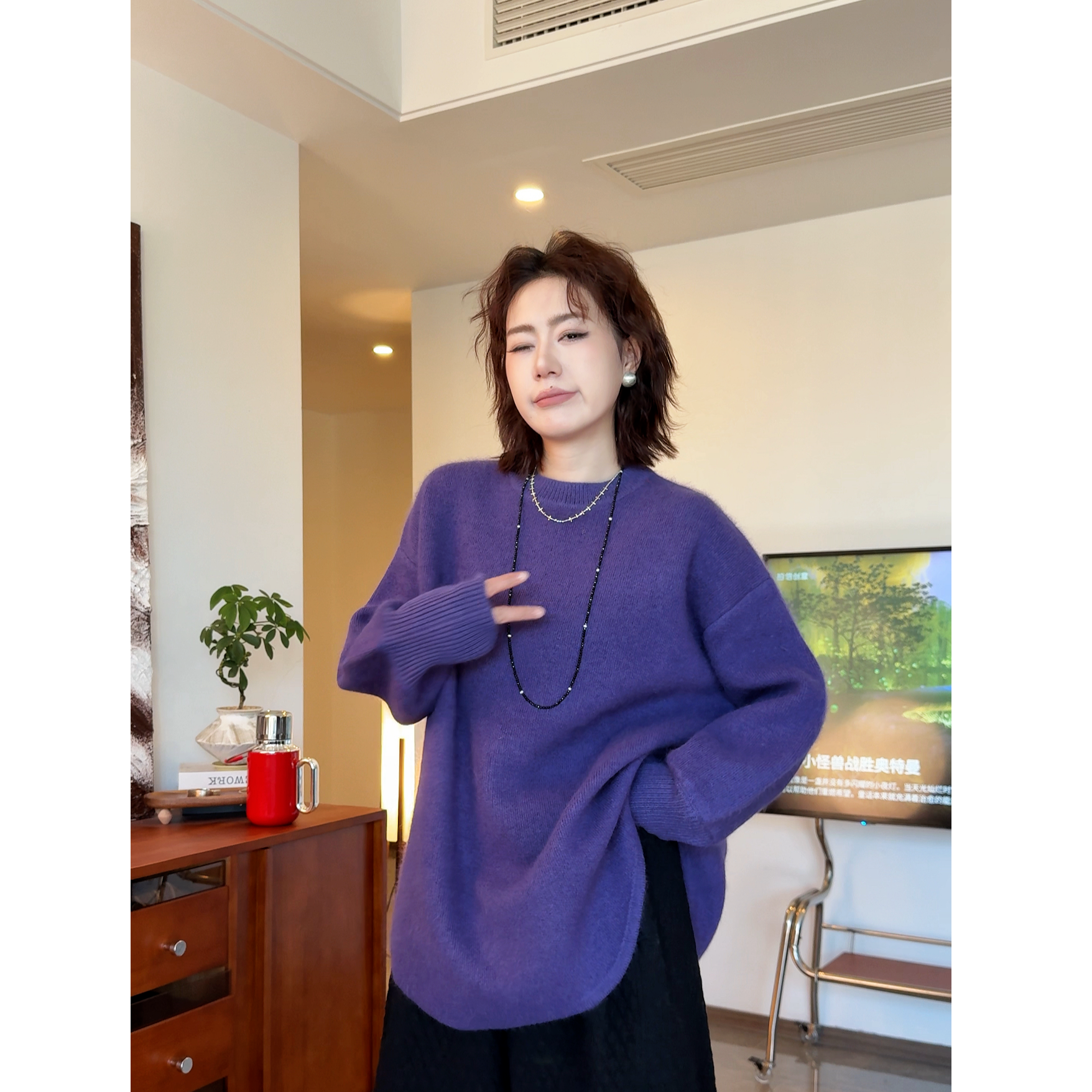 紫毛衣-圆弧下摆羊毛毛衣