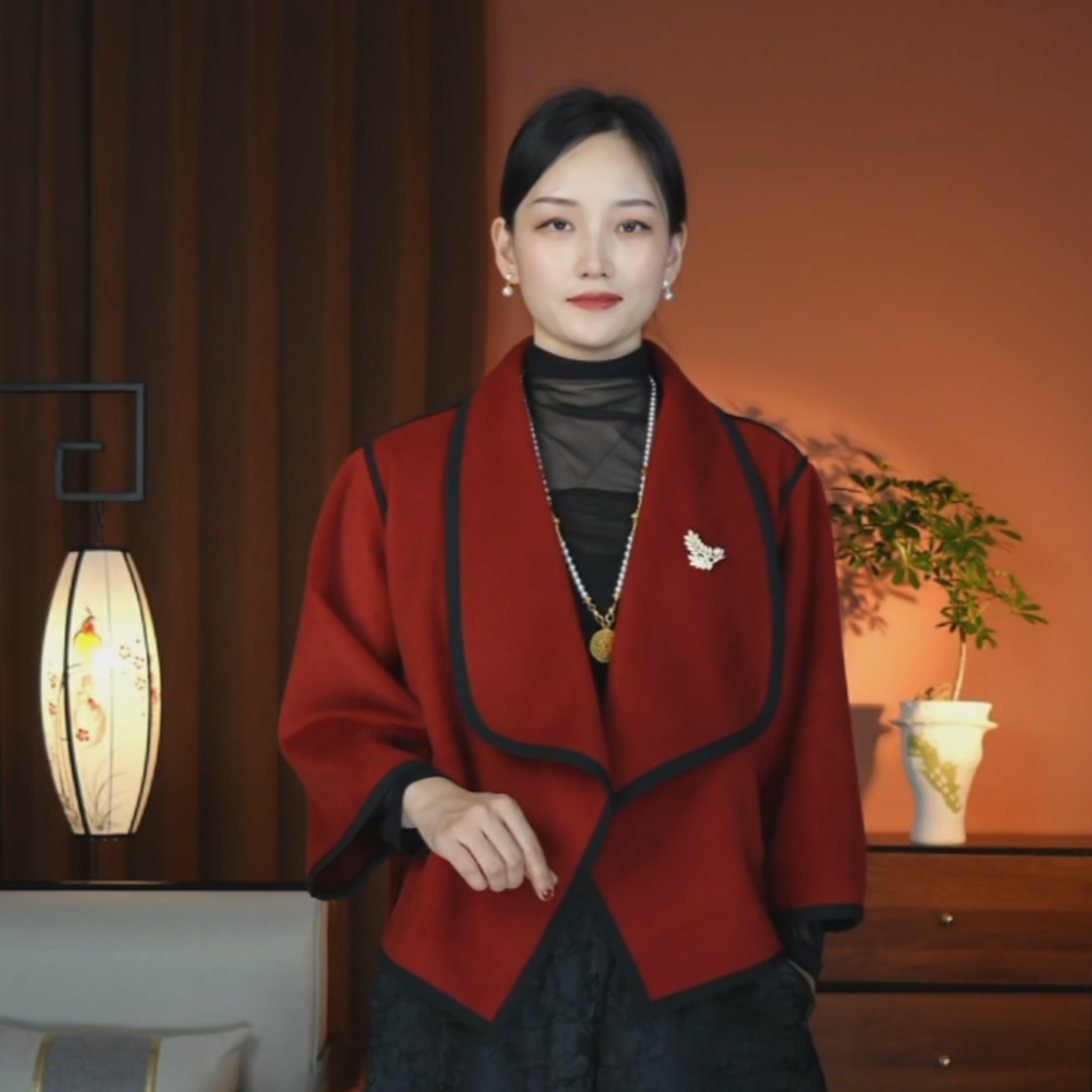 【春江韵】W25013宽松秋冬新中式厚款翻领毛呢外套女士双面毛呢