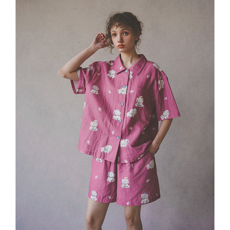 原创ju显白玫瑰紫牵牛花小象纯棉双层纱手绘风长袖长裤睡衣家居服