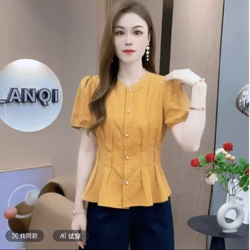时尚衬衫夏季新款百搭气质收腰显瘦减龄短袖上衣8623#