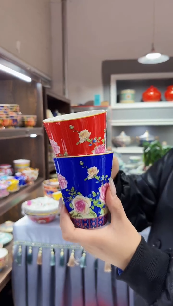 珐琅 牡丹花卉水杯2只装景德镇