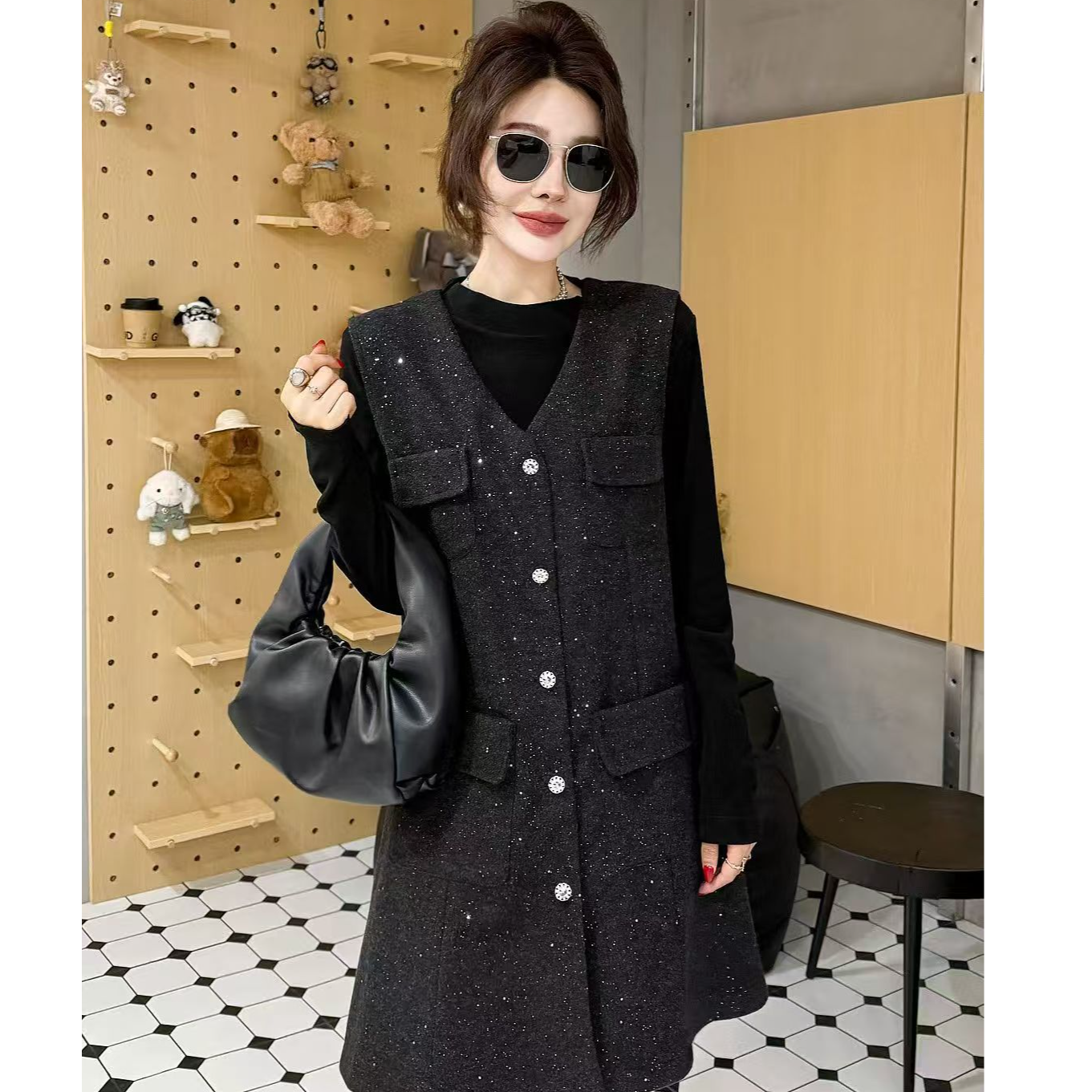 胖MM时尚收腰小香风秋冬百搭显瘦大码连衣裙套装