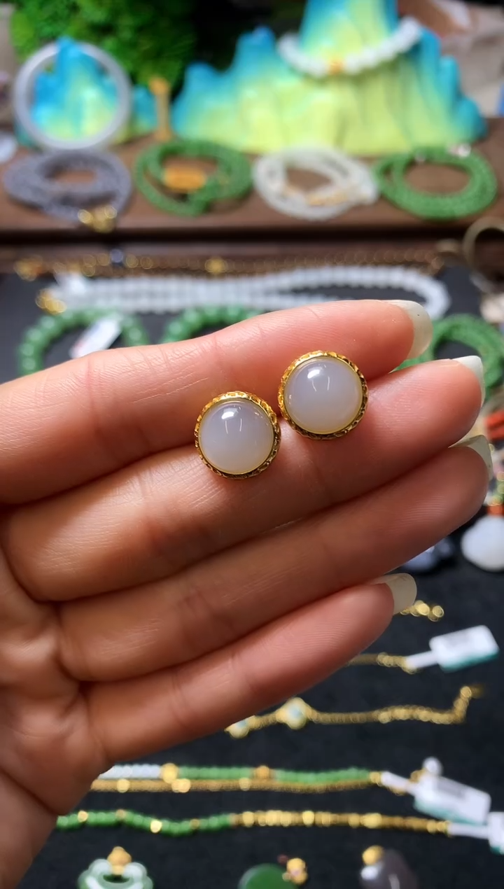 【闪购商品】和田玉耳饰银S925镶嵌耳钉