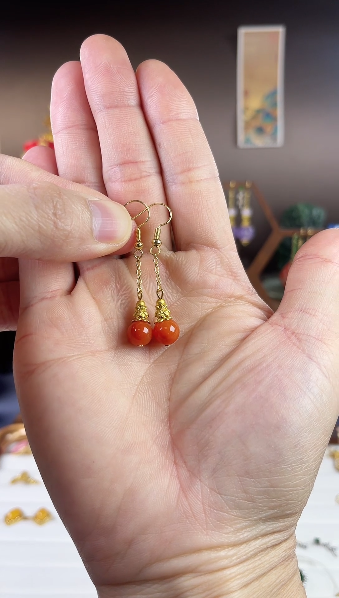 银S925镀金镶嵌南红玛瑙耳饰，822A-4子时归系列-南红耳钩