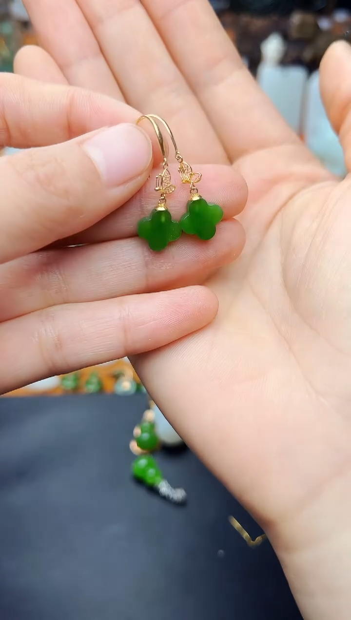 【闪购商品】和田玉耳饰18K金镶嵌四叶草