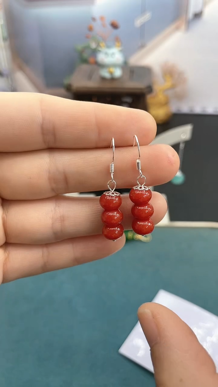 银S925镶嵌南红玛瑙耳饰8mm*红竹节耳钩