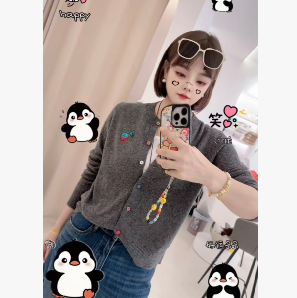 秋季新款小鸟钉珠亮片彩扣针织花线开衫