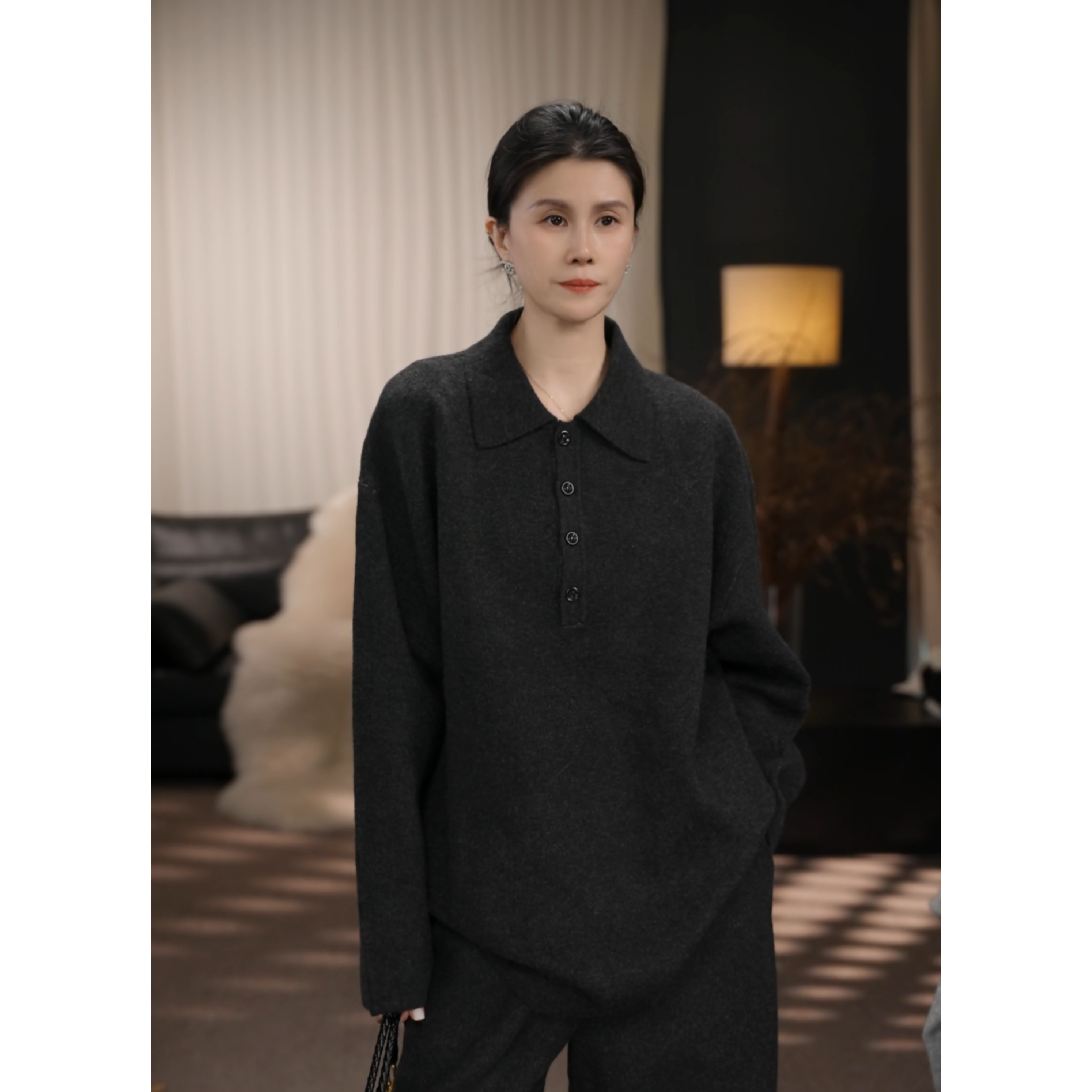 卢尚门襟撞色毛织毛衣252236