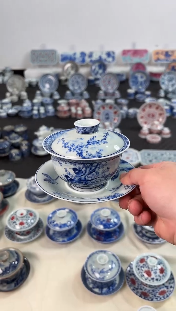 杯子瓷景德镇陶瓷茶具青花喜上眉梢元宝盖碗