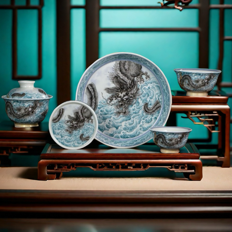 景德镇青花手作彩龙腾四海茶具套装盖碗主人杯客杯家用办公会客