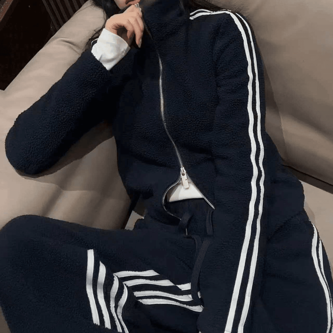 运动慵懒加绒条纹套装女秋冬新款双拉链立领卫衣外套阔腿裤两件套