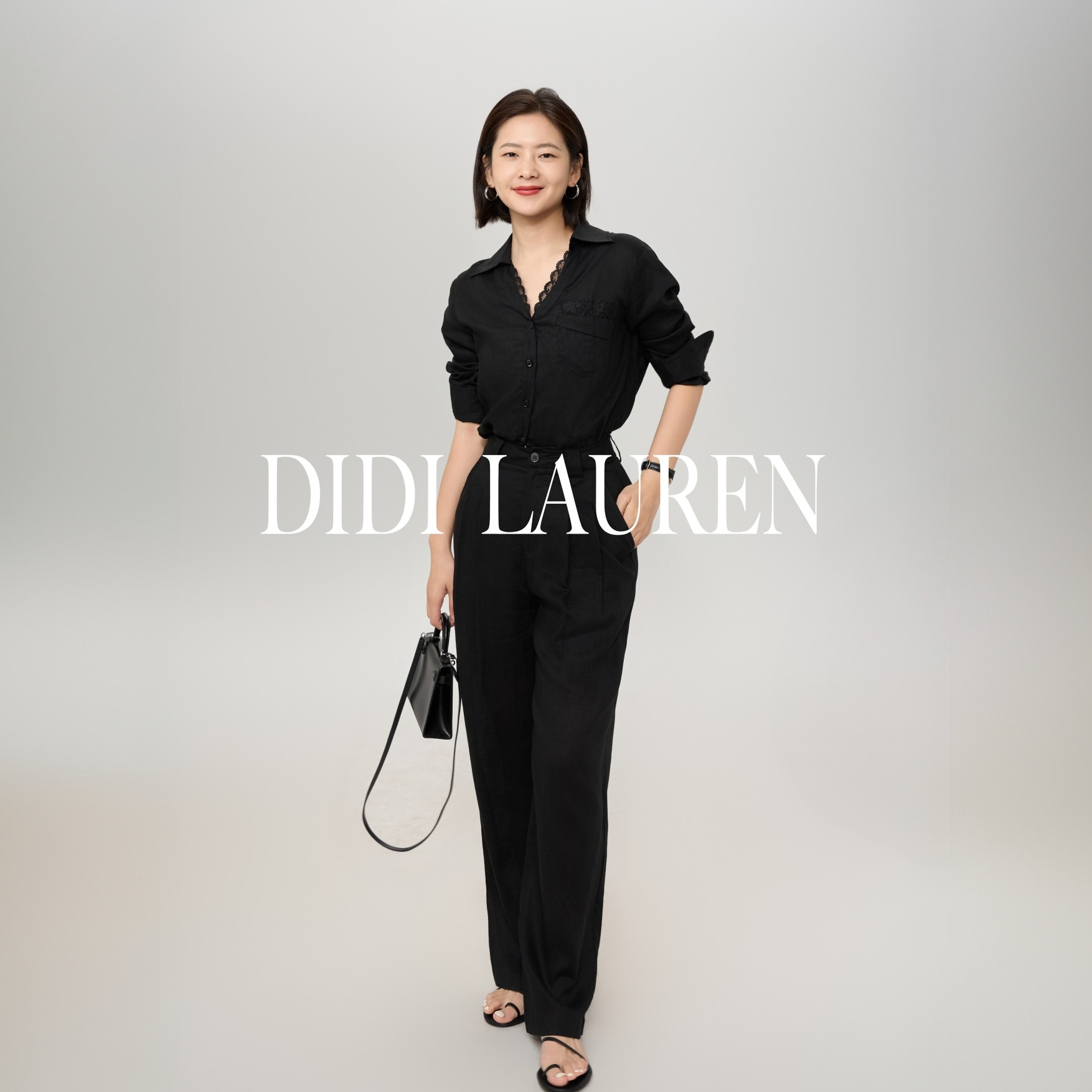 DIDI LAUREN“油墨报刊”简约大气松弛感天丝亚麻黑色休闲裤