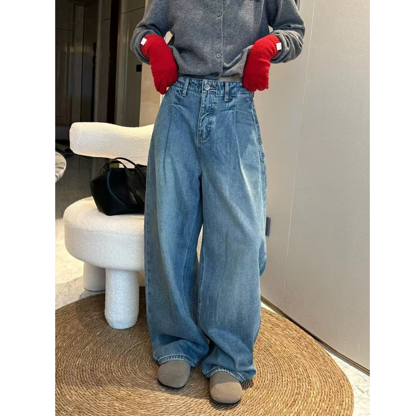 时尚气质牛仔裤显瘦蓝色高腰复古宽松设计感冬