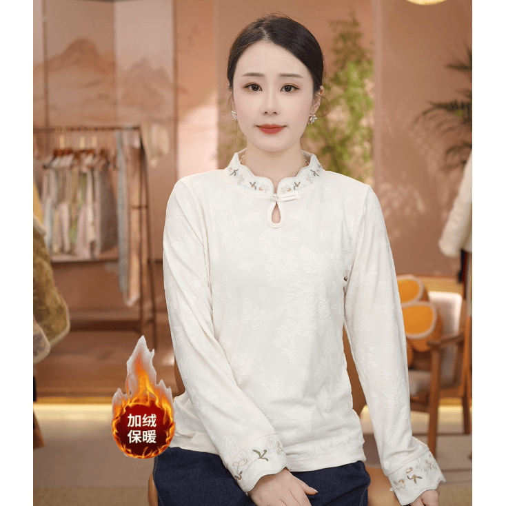 《 柳岸风-加绒打底衫》2025年秋冬新款简约刺绣纯色提花加厚保暖