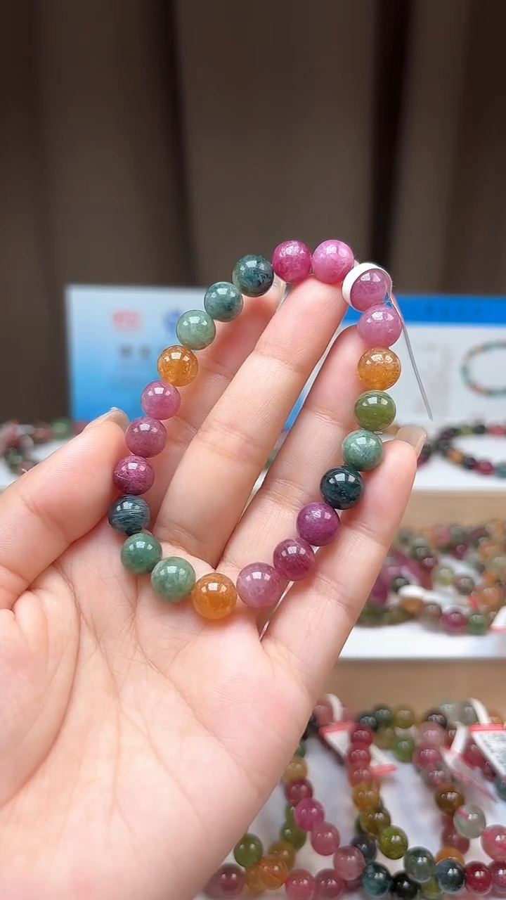手串未镶嵌碧玺8.9mm艳丽彩虹色高阶油画体单圈手串