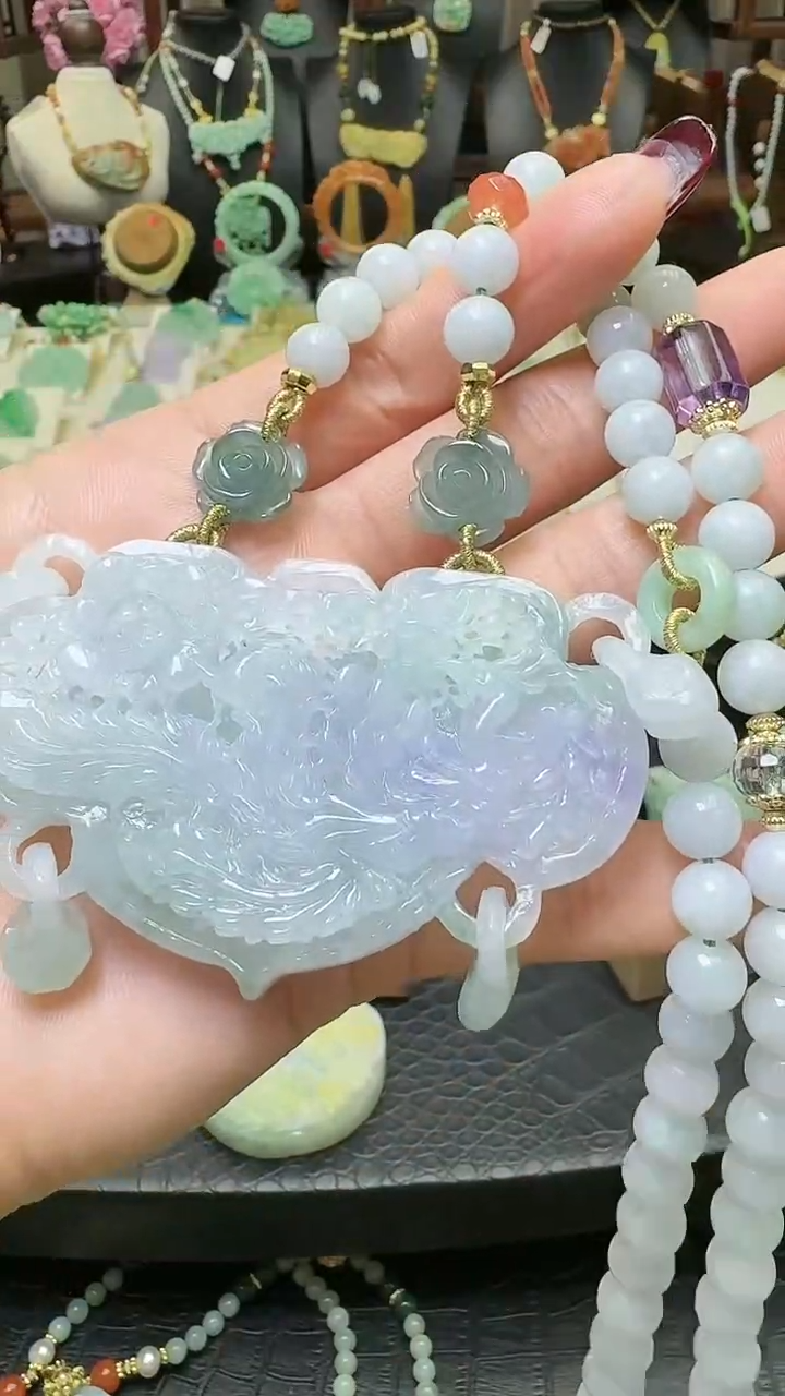 【闪购商品】翡翠颈饰18K金镶嵌天然翡翠凤穿牡丹