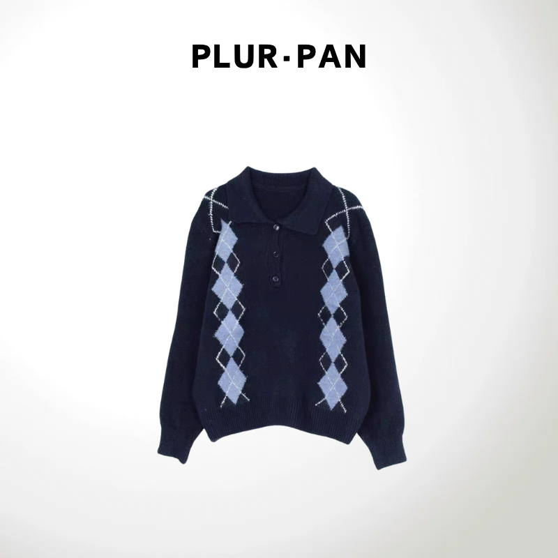 PLUR·PAN时尚百搭撞色菱形针织衫