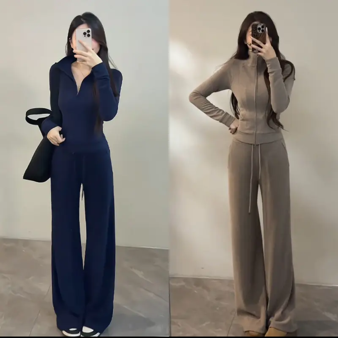 现货【大婷婷】冬季新款休闲慵懒时尚套装上衣抽绳+长裤阔腿裤套装