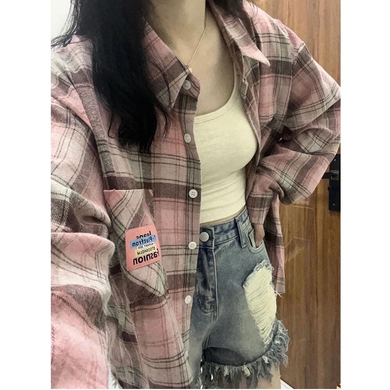 法式小众格子衬衫女秋季2025新款设计感长袖上衣宽松衬衣外套