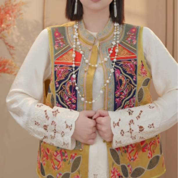 [时锦]2025年新款重工刺新款中国风百搭马甲H6040-412甜甜