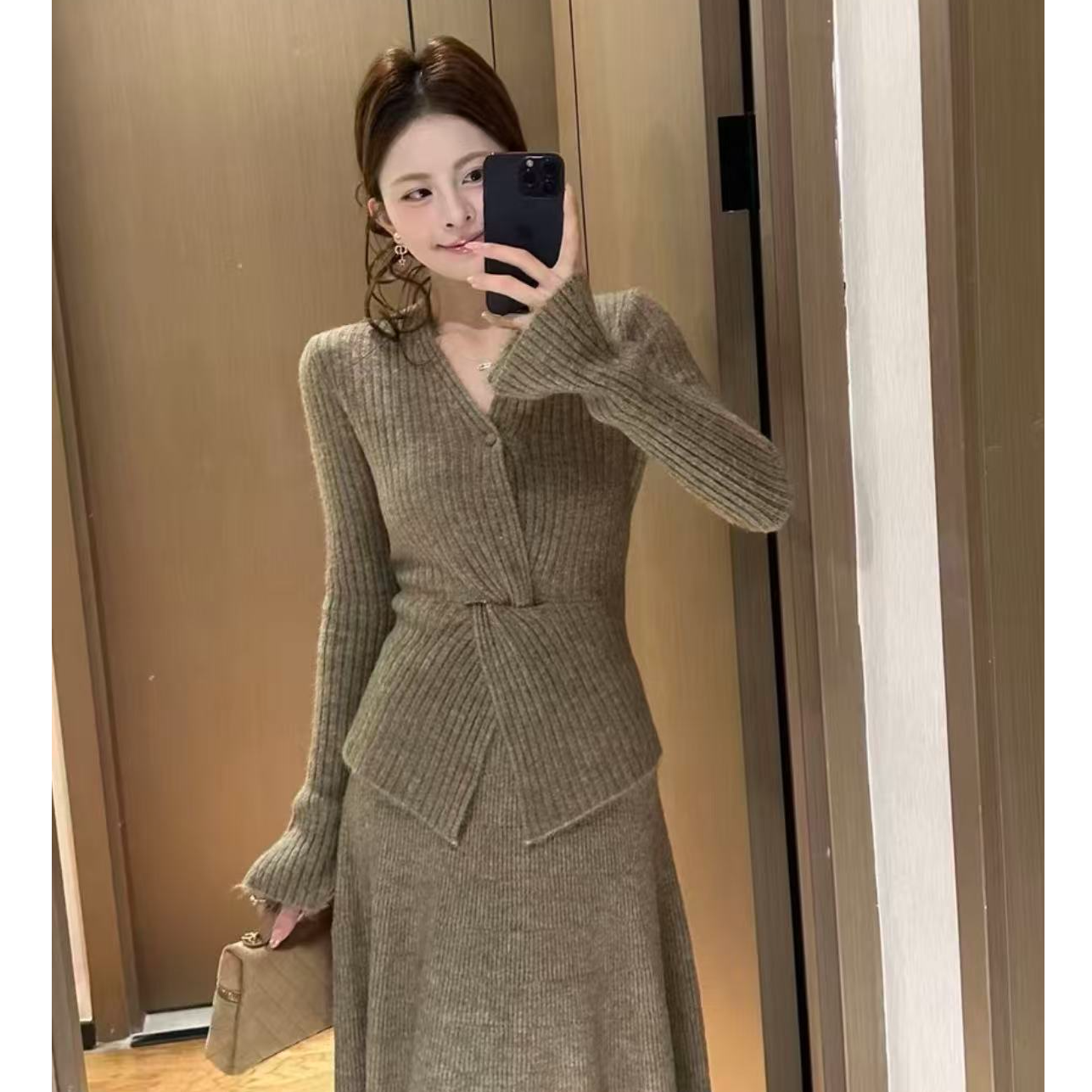 甜美风套装时尚森系长袖修身收腰秋冬时尚女两件套