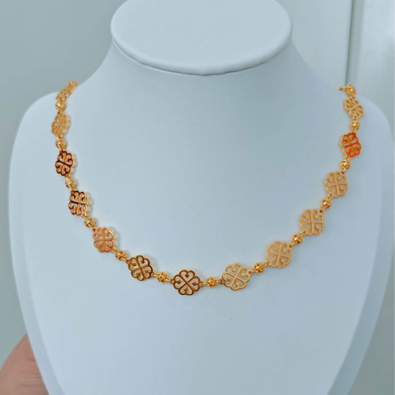 金灵王时尚黄金足金5D无氢工艺满圈四叶草项链轻奢精美