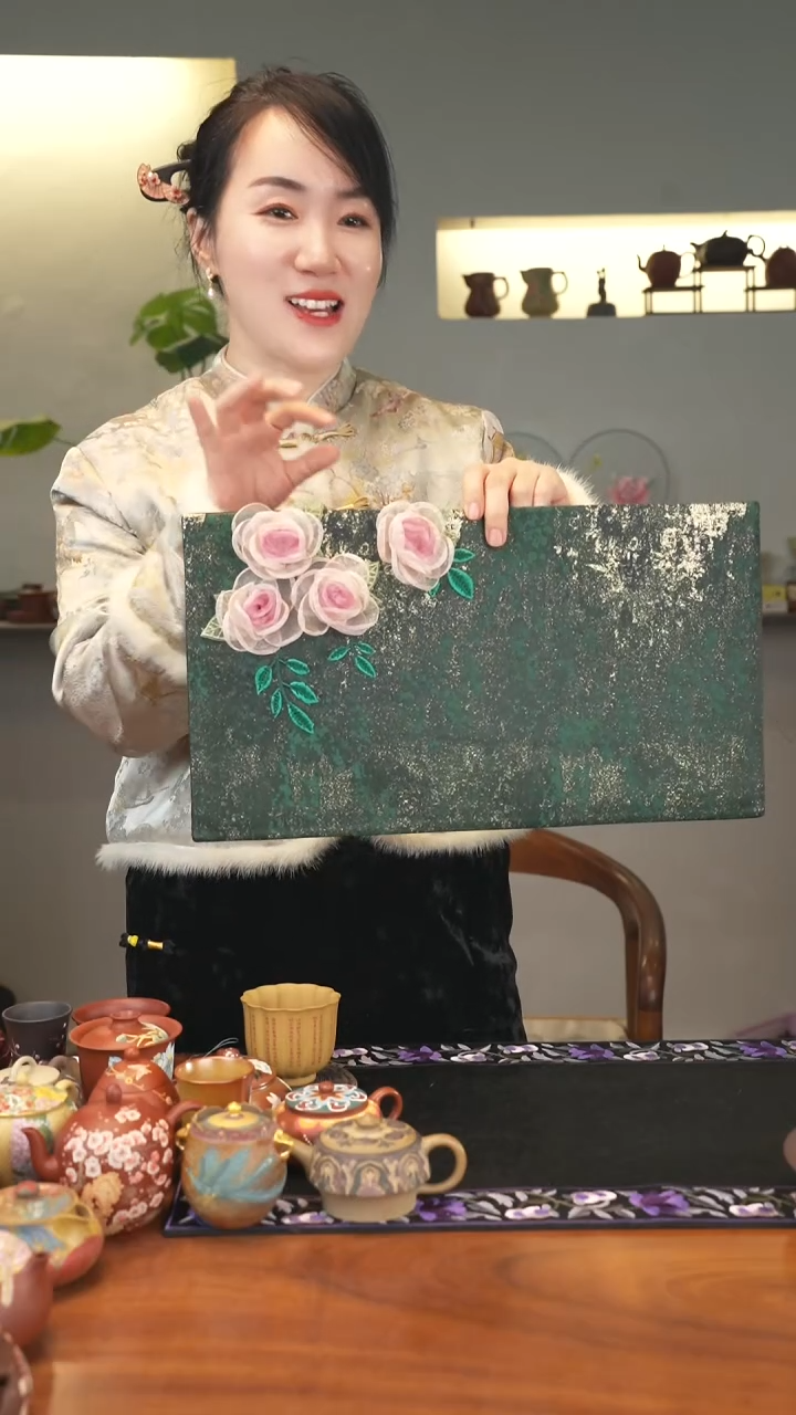 茶壶紫砂绿色底牡丹茶席