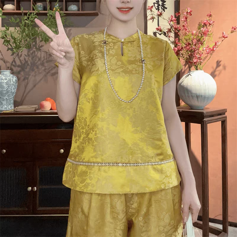 2025新中式桑蚕丝亚麻提花A字版短袖夏季女装气质减龄百搭套装